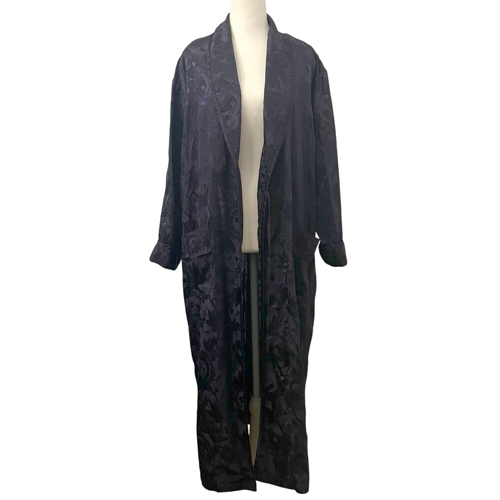 Vintage Victorias Secret Satin Robe Small Navy Long Jacquard Floral Gold Label